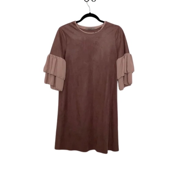 Luisa Perla Rose Ruffle Sleeve Suede Dress - Picture 1 of 14